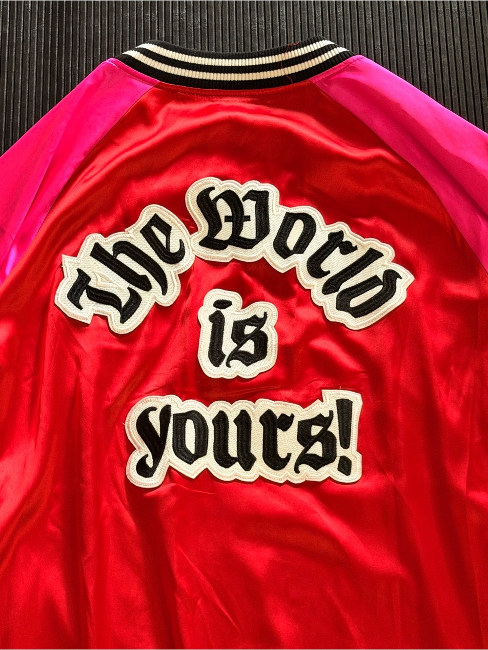 Dressed in LALA Red and Hot Pink Satin Bomber Cape - Picture 5 of 7
